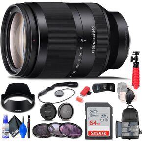 Sony FE 24-240mm f/3.5-6.3 OSS Lens (SEL24240) + Filter Kit + Backpack + 64GB Card + Card Reader + Flex Tripod + Memory Wallet + Lens Cap Keeper + Cleaning Kit + Hand Strap + More (Renewed) in Kuwait