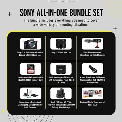 Sony a7 III Full Frame Mirrorless Camera with 28-70mm, FE 50mm f/1.8 Lens, 64GB Card, and Accessory Bundle (9 Items), Fast Shooting Speeds for Vlogging in Saudi Arabia