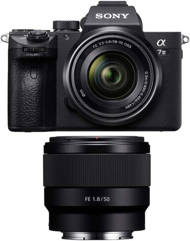 Sony a7 III Full Frame Mirrorless Camera with 28-70mm, FE 50mm f/1.8 Lens, 64GB Card, and Accessory Bundle (9 Items), Fast Shooting Speeds for Vlogging in Saudi Arabia