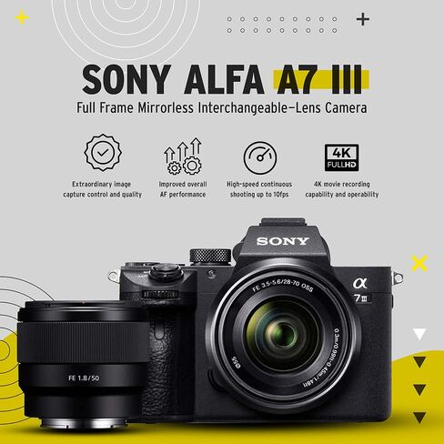 Sony a7 III Full Frame Mirrorless Camera with 28-70mm, FE 50mm f/1.8 Lens, 64GB Card, and Accessory Bundle (9 Items), Fast Shooting Speeds for Vlogging in Saudi Arabia
