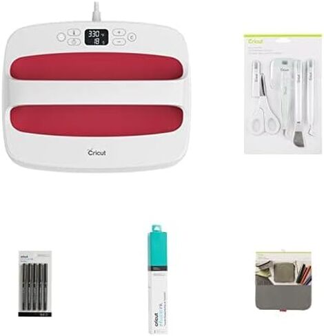 Cricut EasyPress 2 Heat Press (9x9) Rasberry - حزمة حبر غير قابلة للذوبان، تتضمن مجموعة أدوات مكونة من 5 قطع، حصيرة ضغط حراري، أوراق نقل حبر غير قابلة للذوبان - أزرق مخضر، أقلام حبر غير قابلة للذوبان (5 قيراط) in Kuwait