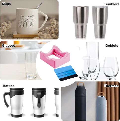 Silicone Cup Cradle for Tumblers with Built-in Slot, Tumbler Holder for Crafts Use to Apply Vinyl Decals for Tumblers, Small Tumbler Stand Cup Holder with Felt Edge Squeegee for Cups Bottles（Cyan in Kuwait