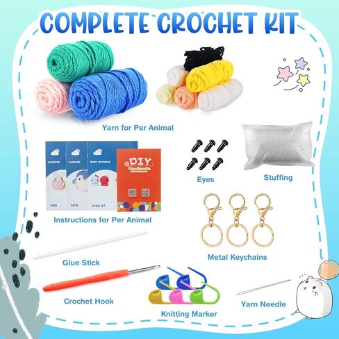 Beginreally Crochet Kit for Beginners, 3Pcs Cute Animals Complete Beginner Crochet Set for Adults and Kids, Crochet Starter Kit with Step-by-Step Video Tutorial and Instruction in Saudi Arabia