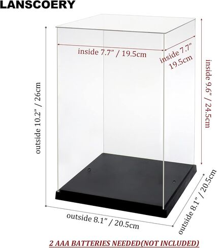 LANSCOERY Clear Acrylic Display Case with White and Warm LED Light, Showcase and Display Box, Dustproof with UV Protection, Perfect for Figures Collectibles - 6x6x6inch in Kuwait
