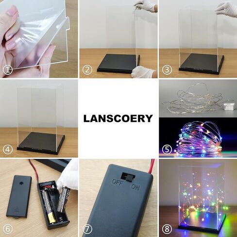 LANSCOERY Clear Acrylic Display Case with White and Warm LED Light, Showcase and Display Box, Dustproof with UV Protection, Perfect for Figures Collectibles - 6x6x6inch in Kuwait