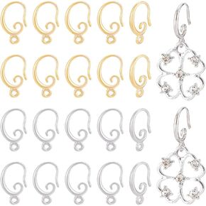 BENECREAT 48Pcs 2 Colors Real 18K Gold Plated Stud Earring Hook, Brass Silver Coil and Ball Dangle Ear Wires Fish Hooks with Plastic Containers for Jewelry Earring Making, Hole: 1.5mm