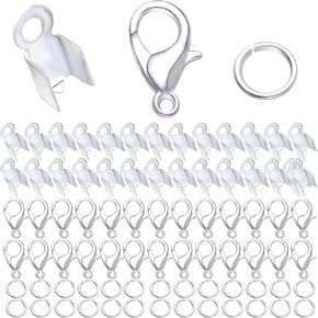 500pcs Jewelry Making Accessories Set, 100pcs Lobster Claw Clasps 200pcs Fold Over Cord End Caps Crimp End Tips and 200pcs Open Jump Ring Connector for Jewelry Making, Gold