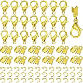 500pcs Fold Over Cord Ends Kit for Jewelry Making,100pcs Lobster Claw Clasps 200pcs Open Jump Rings 200pcs Cord Clamp Ends Crimp for Leather Ribbon DIY Bracelets Necklaces(Gold,Silver)