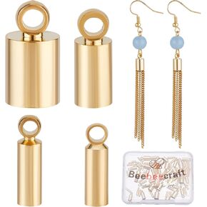 Beebeecraft 80Pcs 4 Size 24K Gold Plated Cord End Caps Smooth Crimp End Caps Barrel End Tip with Loop Ring for Leather Cord Bracelets Jewelry Making (Inner Diameter: 1.5~4.5mm)