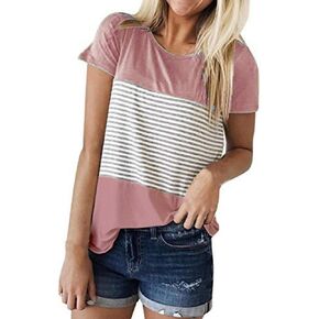 تي شيرت نسائي JFLYOU، بلوزة تونيك كاجوال مخططة بأكمام قصيرة ثلاثية الألوان (وردي، مقاس M) in Kuwait