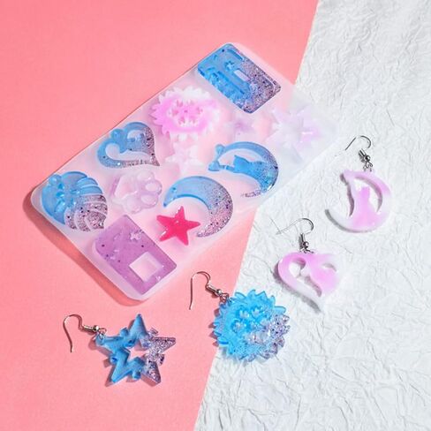 CNYEJQJC Earring Resin Molds, Silicone Crystal Drop Glue Earring Mold, 12 Love/Moon/Leaf Molds, Jewelry Epoxy Casting Moulds for DIY Earring, Pendant, Ring, Jewelry Crafts Supplies in Saudi Arabia