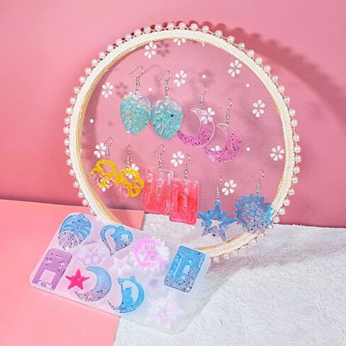 CNYEJQJC Earring Resin Molds, Silicone Crystal Drop Glue Earring Mold, 12 Love/Moon/Leaf Molds, Jewelry Epoxy Casting Moulds for DIY Earring, Pendant, Ring, Jewelry Crafts Supplies in Saudi Arabia