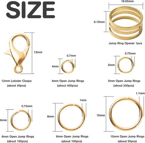 Jump Rings Kit With1000PCS Open Jump Rings 40PCS 12mm Lobster Clasps and Jump Rings Opener for Jewelry Making Keychains and Necklace Repair (Gold) in Saudi Arabia