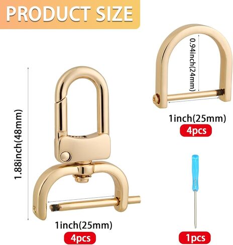 4pcs Detachable Snap Hook Swivel Clasp with 4pcs D-Rings Screw in Shackle for DIY Purse Strap Replacement (Brass,1 inch) in Kuwait