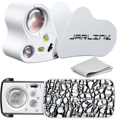 JARLINK 2 Pack Jewellers Loupe، 30X 60X 90X مضيئة المجوهرات العين العدسة المكبرة وحلقة زجاجية مكبرة مع ضوء أسود للأشعة فوق البنفسجية وضوء LED مشرق للأحجار الكريمة والمجوهرات والماس والعملات المعدنية والطوابع (أسود) in Kuwait