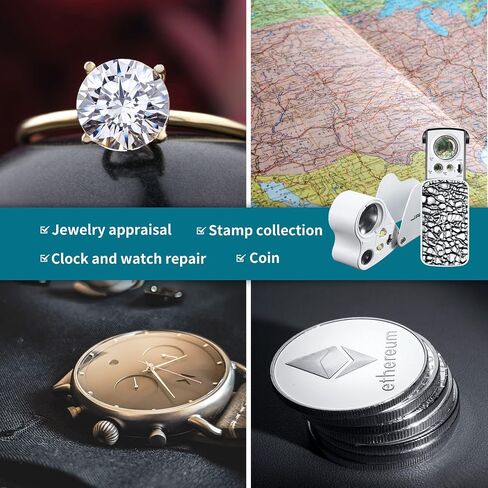 JARLINK 2 Pack Jewellers Loupe، 30X 60X 90X مضيئة المجوهرات العين العدسة المكبرة وحلقة زجاجية مكبرة مع ضوء أسود للأشعة فوق البنفسجية وضوء LED مشرق للأحجار الكريمة والمجوهرات والماس والعملات المعدنية والطوابع (أسود) in Kuwait