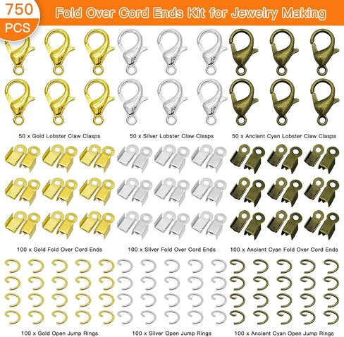 500pcs Fold Over Cord Ends Kit for Jewelry Making,100pcs Lobster Claw Clasps 200pcs Open Jump Rings 200pcs Cord Clamp Ends Crimp for Leather Ribbon DIY Bracelets Necklaces(Gold,Silver) in Saudi Arabia