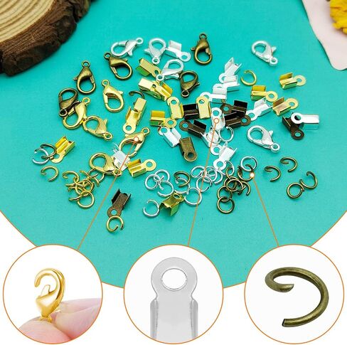 500pcs Fold Over Cord Ends Kit for Jewelry Making,100pcs Lobster Claw Clasps 200pcs Open Jump Rings 200pcs Cord Clamp Ends Crimp for Leather Ribbon DIY Bracelets Necklaces(Gold,Silver) in Saudi Arabia