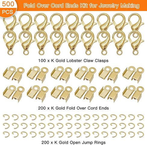 500pcs Fold Over Cord Ends Kit for Jewelry Making,100pcs Lobster Claw Clasps 200pcs Open Jump Rings 200pcs Cord Clamp Ends Crimp for Leather Ribbon DIY Bracelets Necklaces(Gold,Silver) in Saudi Arabia