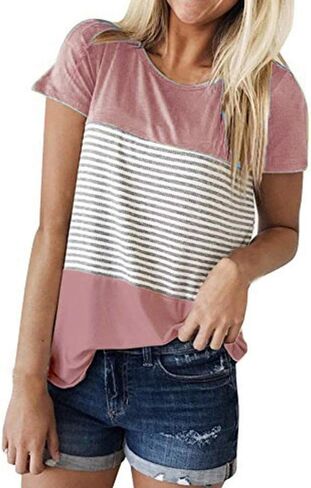 تي شيرت نسائي JFLYOU، بلوزة تونيك كاجوال مخططة بأكمام قصيرة ثلاثية الألوان (وردي، مقاس M) in Kuwait