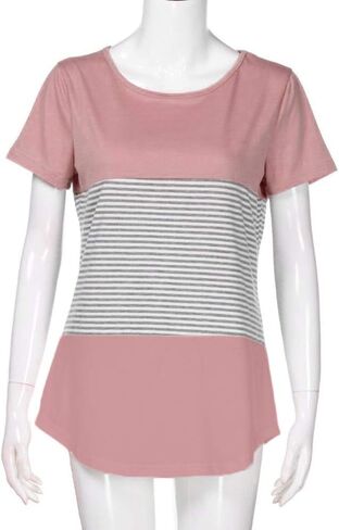 تي شيرت نسائي JFLYOU، بلوزة تونيك كاجوال مخططة بأكمام قصيرة ثلاثية الألوان (وردي، مقاس M) in Kuwait