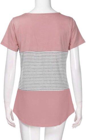 تي شيرت نسائي JFLYOU، بلوزة تونيك كاجوال مخططة بأكمام قصيرة ثلاثية الألوان (وردي، مقاس M) in Kuwait