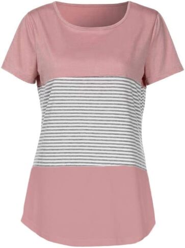 تي شيرت نسائي JFLYOU، بلوزة تونيك كاجوال مخططة بأكمام قصيرة ثلاثية الألوان (وردي، مقاس M) in Kuwait