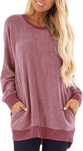 JFLYOU Blouse for Women, Color Block Long Sleeve O-Neck Pockets T-Shirts Sweatshirts Blouses Tops(Black,S) in Saudi Arabia