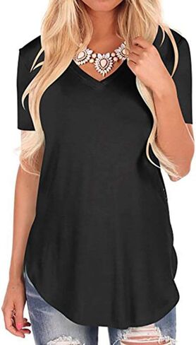 بلوزة JFLYOU نسائية فضفاضة بأكمام قصيرة ورقبة على شكل حرف V وحاشية غير منتظمة كاجوال (أسود، L) in Kuwait