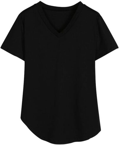 بلوزة JFLYOU نسائية فضفاضة بأكمام قصيرة ورقبة على شكل حرف V وحاشية غير منتظمة كاجوال (أسود، L) in Kuwait