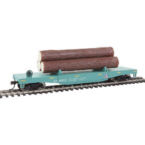 Walthers Trainline Log Dump Car with 3 Logs-Ready to Run-Union Pacific 14972 (MOW Scheme; Green, Yellow Conspicuity Marks) 931-1773 HO Scale Model Railroad - Freight Model in Saudi Arabia