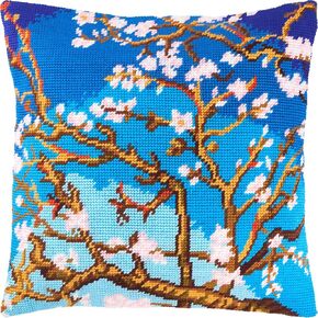 زهر اللوز بواسطة فنسنت فان جوخ. طقم الإبرة. وسادة رمي 16×16 بوصة. قماش زخرفي مطبوع، جودة أوروبية