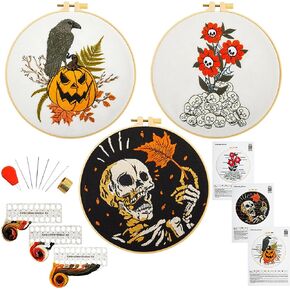 Gothic Halloween Embroidery Starter Kit for Beginners Adults, Stamped Cross Stitch Kit Needlepoint Kit for Beginner Adult, 3 Embroidery Hoop 3 Set Embroidery Supplies (Attached Teaching Video QR Code)