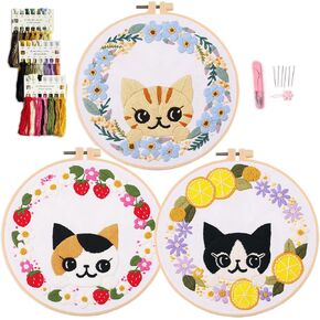 3 Embroidery Starter Kit Adult Embroidery kit, Kitten Pattern, includes Embroidery Fabric with Pattern, Embroidery Thread, Hoop, Needle and Instructions…