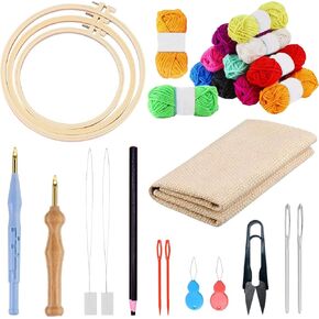 Allazone 17 PCS Punch Needle Embroidery Kits, 3 PCS Plastic Hoops with 3 PCS Punch Needle Cloth, 12 Color Yarn, Punch Needle, Big Eye Needles, Needle Threaders for Punch Needle Kits