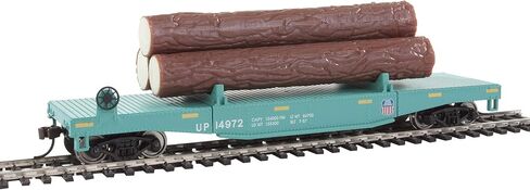 Walthers Trainline Log Dump Car with 3 Logs-Ready to Run-Union Pacific 14972 (MOW Scheme; Green, Yellow Conspicuity Marks) 931-1773 HO Scale Model Railroad - Freight Model in Kuwait
