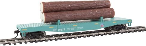 Walthers Trainline Log Dump Car with 3 Logs-Ready to Run-Union Pacific 14972 (MOW Scheme; Green, Yellow Conspicuity Marks) 931-1773 HO Scale Model Railroad - Freight Model in Kuwait