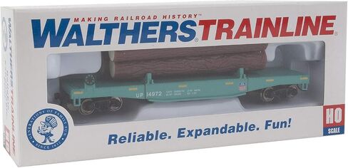 Walthers Trainline Log Dump Car with 3 Logs-Ready to Run-Union Pacific 14972 (MOW Scheme; Green, Yellow Conspicuity Marks) 931-1773 HO Scale Model Railroad - Freight Model in Kuwait