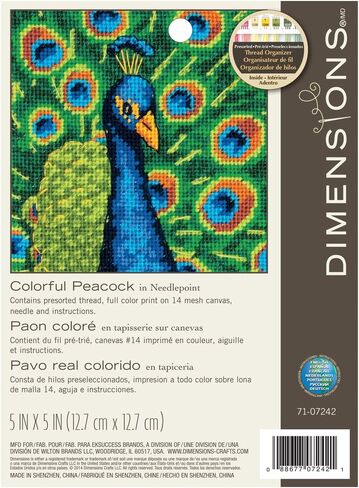 Dimensions 71-07242 Colorful Peacock Embroidery Needlepoint Kit, 5" x 5", 14 Mesh Canvas, Multicolor, 5 by 5-Inch in Saudi Arabia