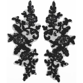 SUNMOVE Pair of Embroidery Sequin Lace Applique Sewing Flower Fabric Collar Patch Motif Wedding Gown Dress Bridal DIY Crafts(Black)