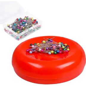 Magnetic Pin Cushion with 200 PCS Sewing Pins, Round Plastic Magnetic Sewing Cushion, Magnetic Pin Holder for Sewing Needles Push Pins Hair Bobby Pins (Red)