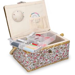 Navaris Sewing Box with Accessories - Sew Basket with Organizer Tray Compartments 9.7" x 6.9" x 4.9" - Includes 76 Piece Kit - Bird Print