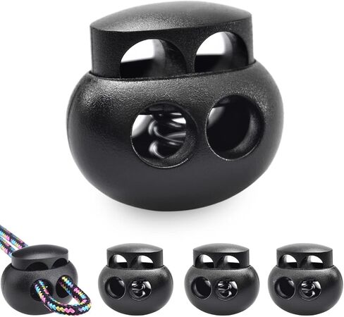 LongSLong 12 Pack Black Plastic Spring Cord Lock Toggle Stopper for Drawstring, Paracord Cord Stop Elastic Shoelace Lock Fastener Slider Clip Double Hole in Kuwait