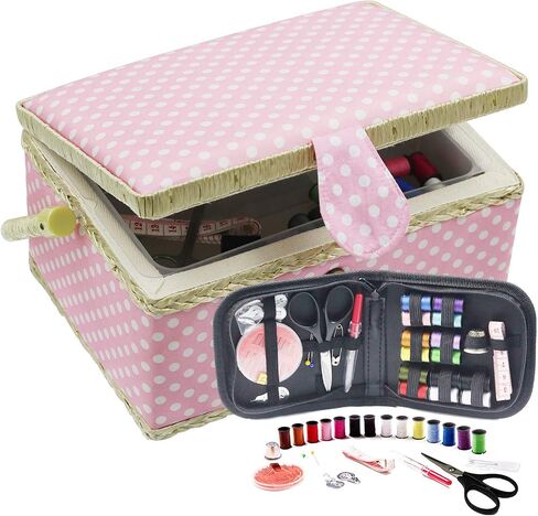D&D Sewing Basket with Sewing Kit, Sewing Box Organizer with Accessories, Sewing Supplies Storage with Sewing Tools Set (Pink, Medium) in Kuwait