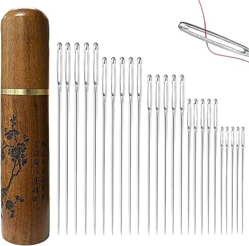 إبر التطريز لإبرة الخياطة اليدوية - 25 قطعة إبر خياطة كبيرة للعين، إبرة عين كبيرة للغرز، الرتق، اللحف، إبرة الغزل لوازم حادة مع نمط نحت حالة إبرة خشبية - YAWALL in Kuwait