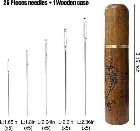 إبر التطريز لإبرة الخياطة اليدوية - 25 قطعة إبر خياطة كبيرة للعين، إبرة عين كبيرة للغرز، الرتق، اللحف، إبرة الغزل لوازم حادة مع نمط نحت حالة إبرة خشبية - YAWALL in Kuwait