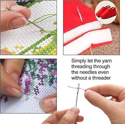 إبر التطريز لإبرة الخياطة اليدوية - 25 قطعة إبر خياطة كبيرة للعين، إبرة عين كبيرة للغرز، الرتق، اللحف، إبرة الغزل لوازم حادة مع نمط نحت حالة إبرة خشبية - YAWALL in Kuwait