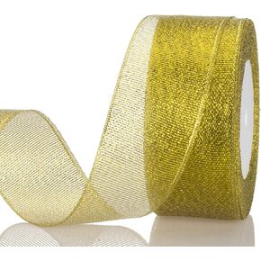 1 1/2 Inch Gold Glitter Ribbon, 25 Yards Sparkly Metallic Fabric Ribbons for Gifts Wrapping Wedding Party Decoration and Crafts