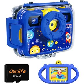 Ourlife Kids Underwater Camera, Selfie Waterproof Cameras Toys for Girls, 1080P 2.4'' Large Screen Cam with 8GB TF Card, Silicone Handle, Fill Light, Christmas Birthday Gift for Girls (Pink)