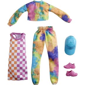 Barbie Fashions 2-Pack Clothing Set, 2 Outfits Doll Include Tie-Dye Joggers & Sweatshirt, Checked Dress, Blue Cap & Pink Sneakers, Gift for Kids 3 to 8 Years Old in Saudi Arabia